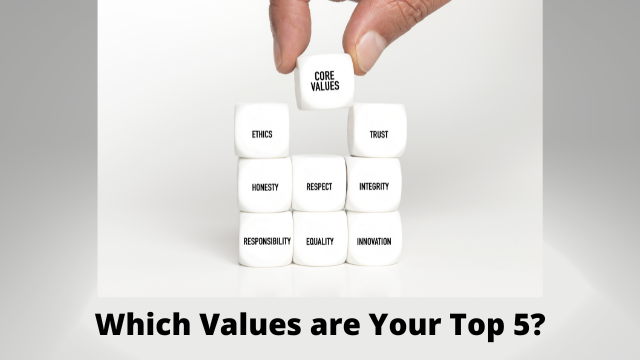 Photo showing examples of values and asking which top 5 values are yours.